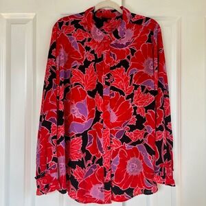 Who What Wear Red Floral Print Boho Glam Long Sleeve Button Up Blouse Size XXL